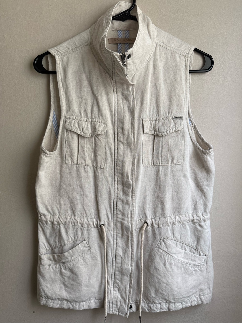 Max Jeans Utility Safari Vest Cream Cotton Drawstring Cargo Vest Size Small